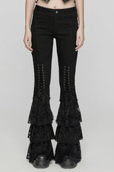 Black Triple-Layered Ruffle Lace-Up Mesh Women's Gothic Pants